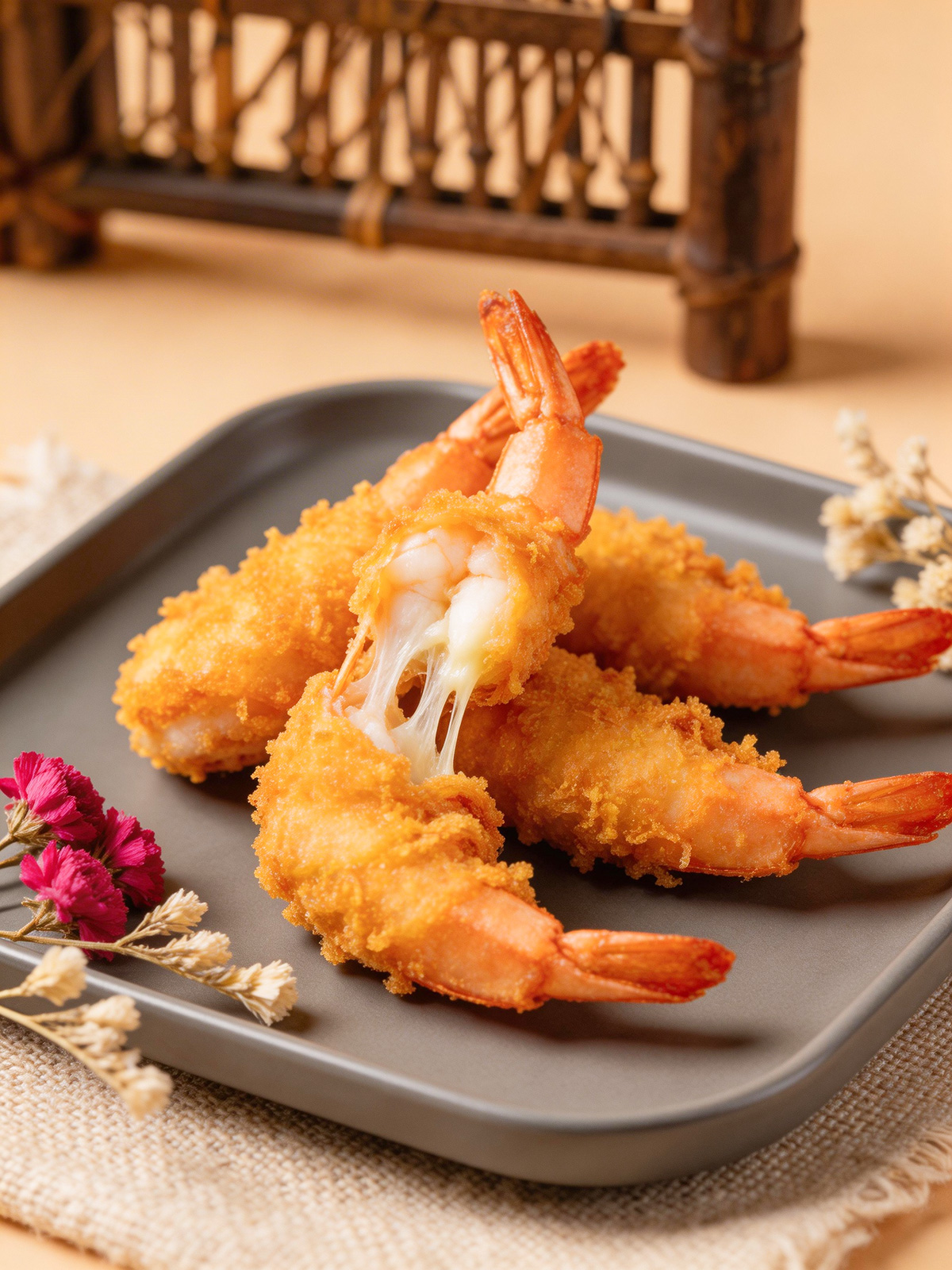 美食黄金酥脆拉丝炸虾摄影